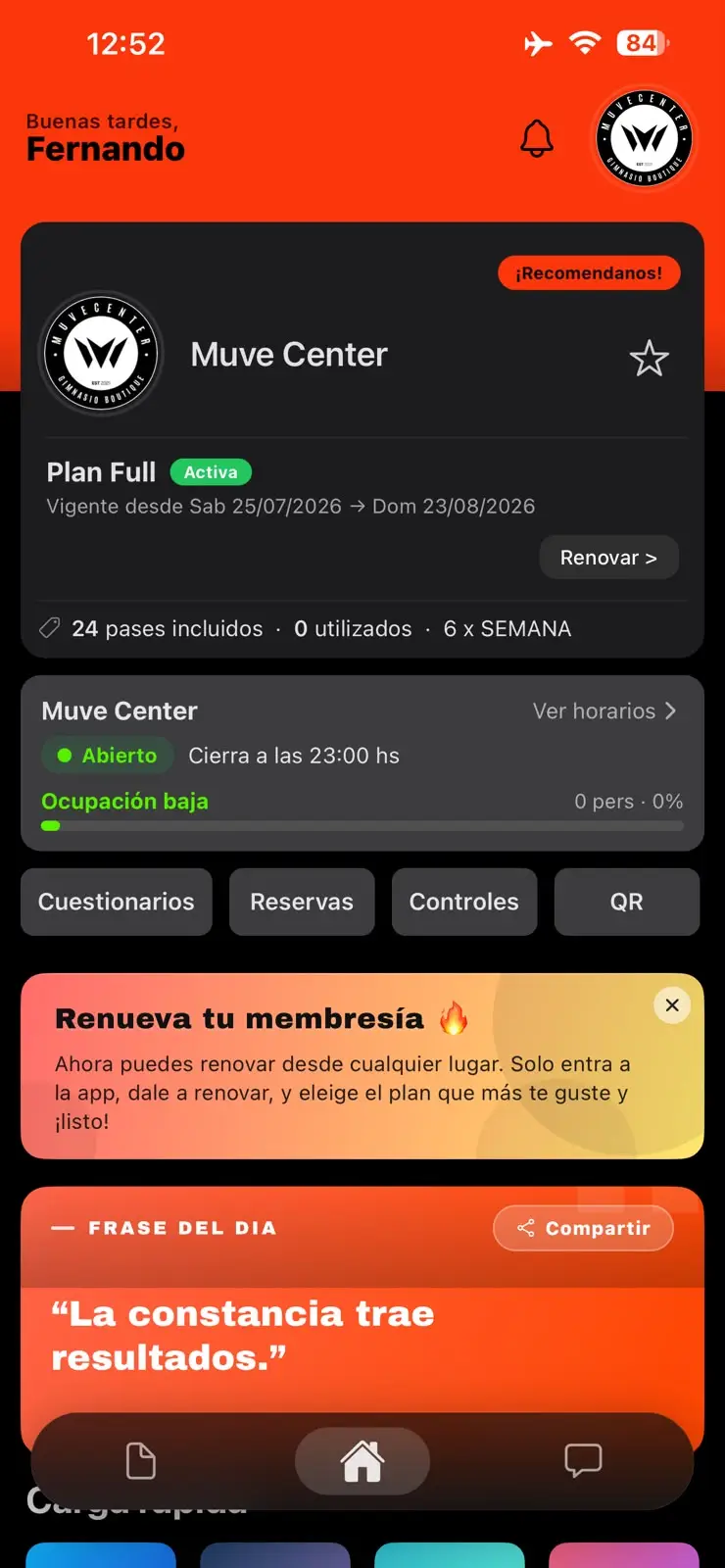 Panel general de la app Muve