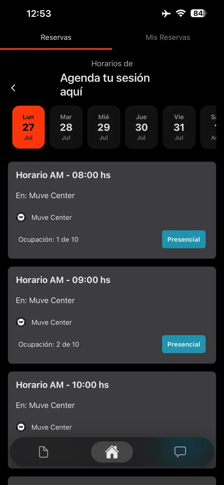 Reserva de sesiones en la app Muve